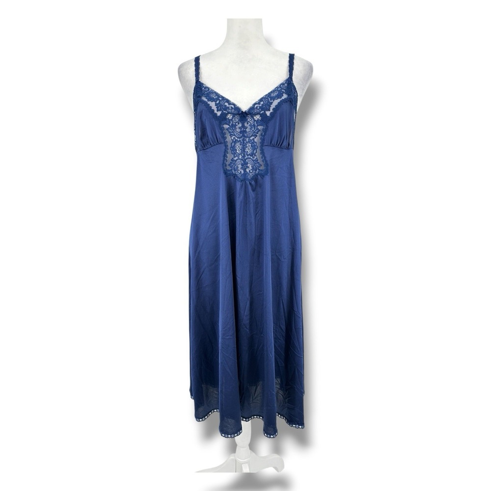 Vtg Vanity Fair Lace Trim Nightgown Slip Midi Dress Sz 36 Blue Y2K Coquette USA